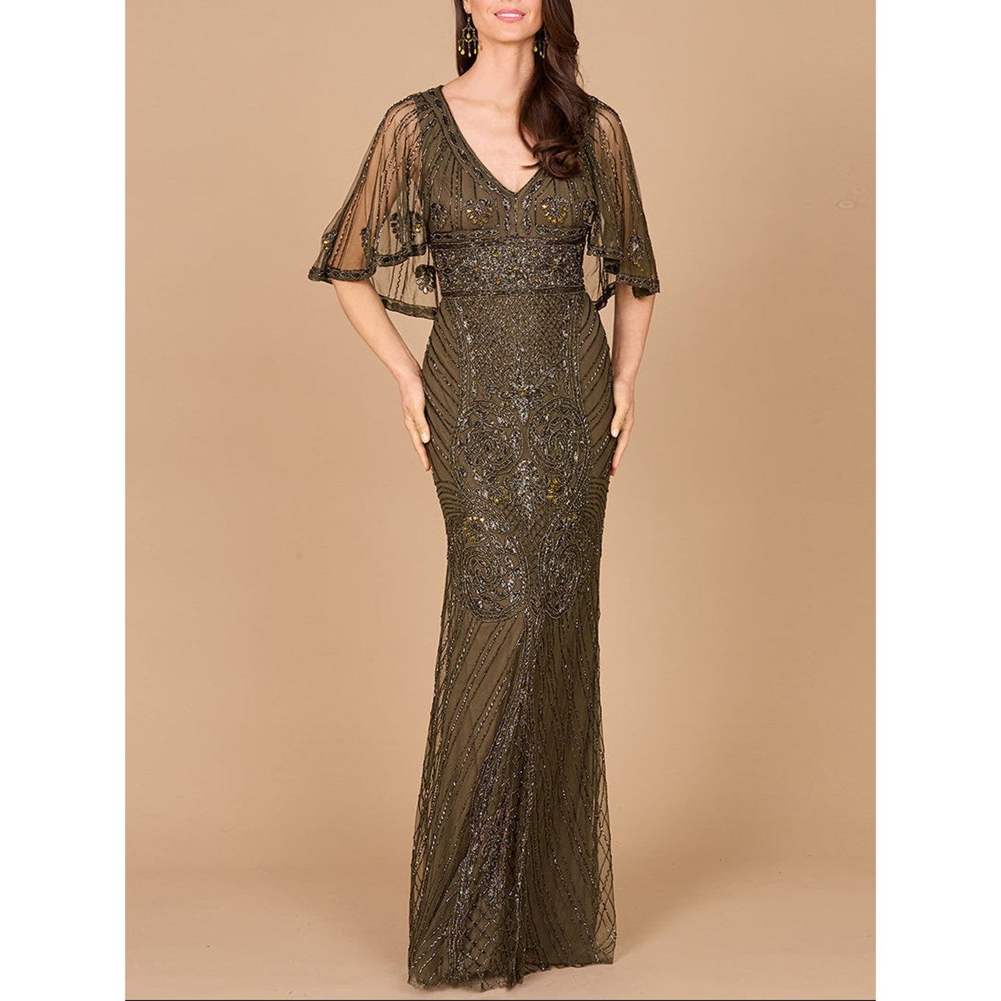 Cape Sleeve V-Neck Beaded Gown