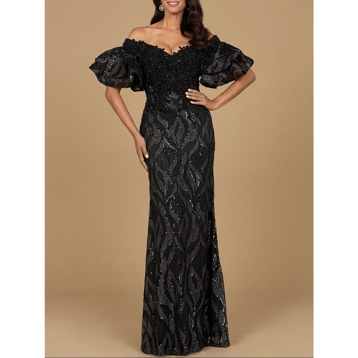Off Shoulder Mermaid Beaded Gown with Tiered Sleeves