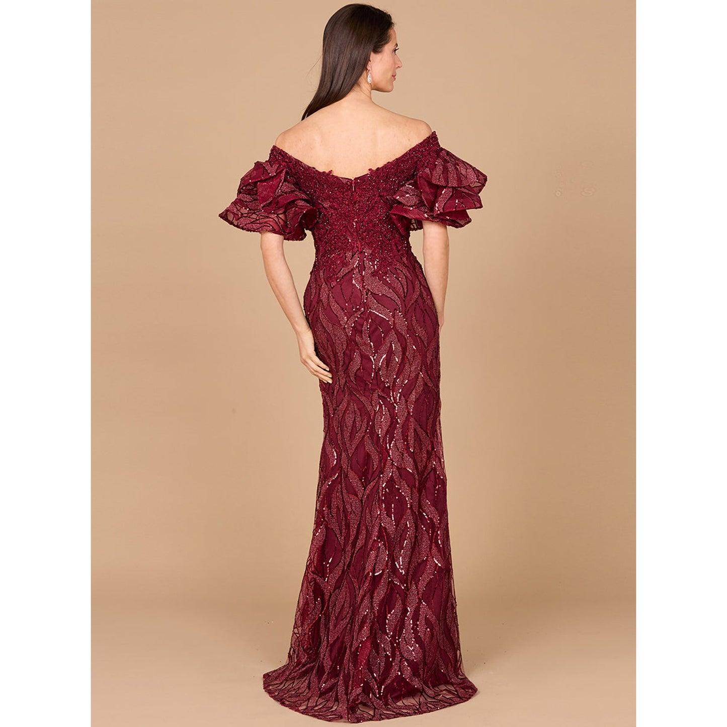 Off Shoulder Mermaid Beaded Gown with Tiered Sleeves
