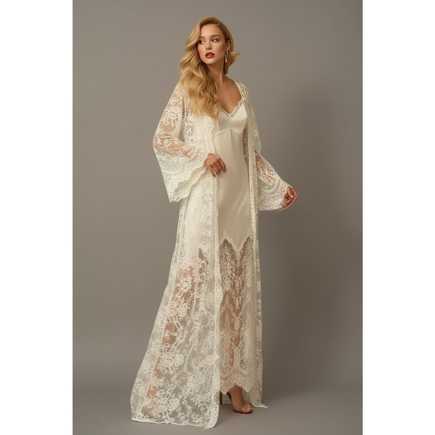 Chantilly Lace Long Robe with Silky Satin Lace Nightgown