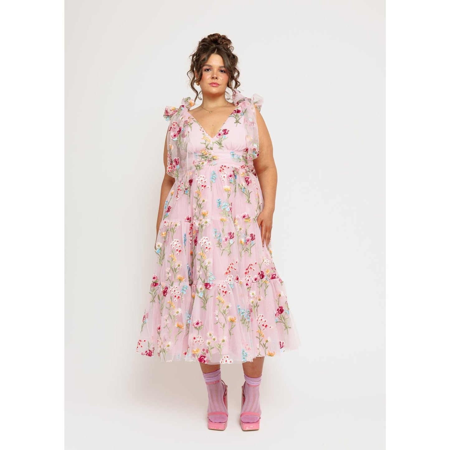 Margaret Floral Embroidered Midi Dress Pink