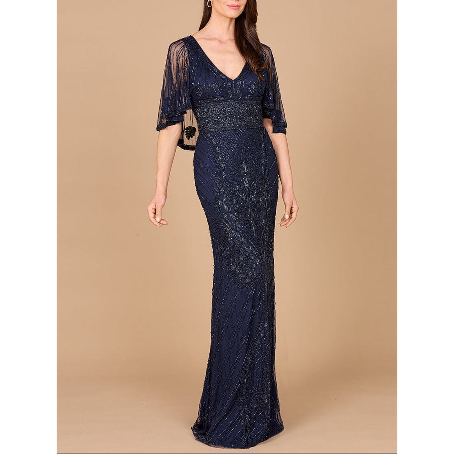Cape Sleeve V-Neck Beaded Gown