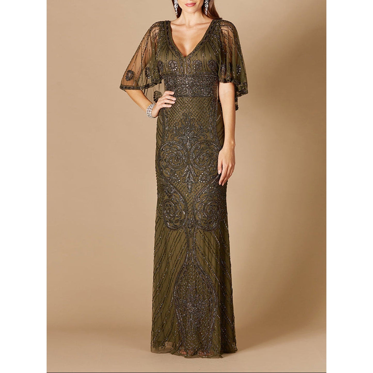 Cape Sleeve V-Neck Beaded Gown