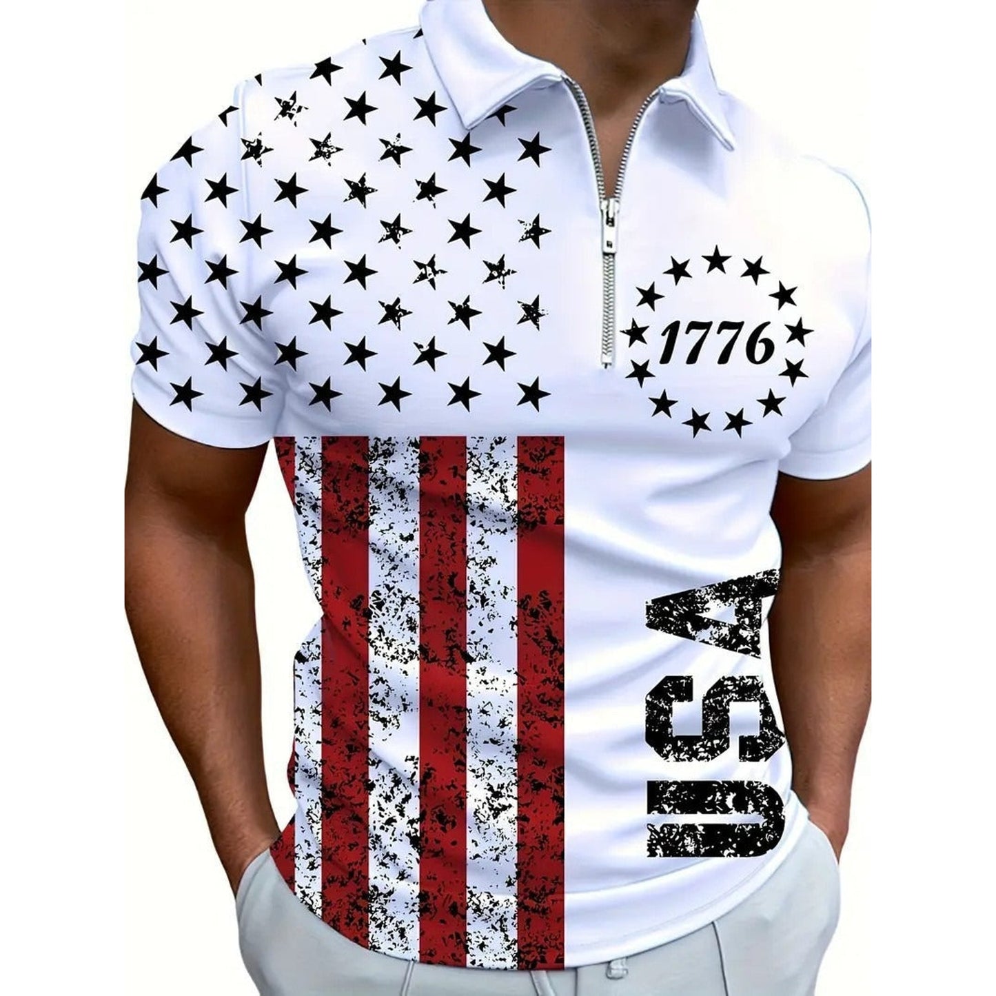 Men's 3D Digital Print Zip-Up Polo Shirt