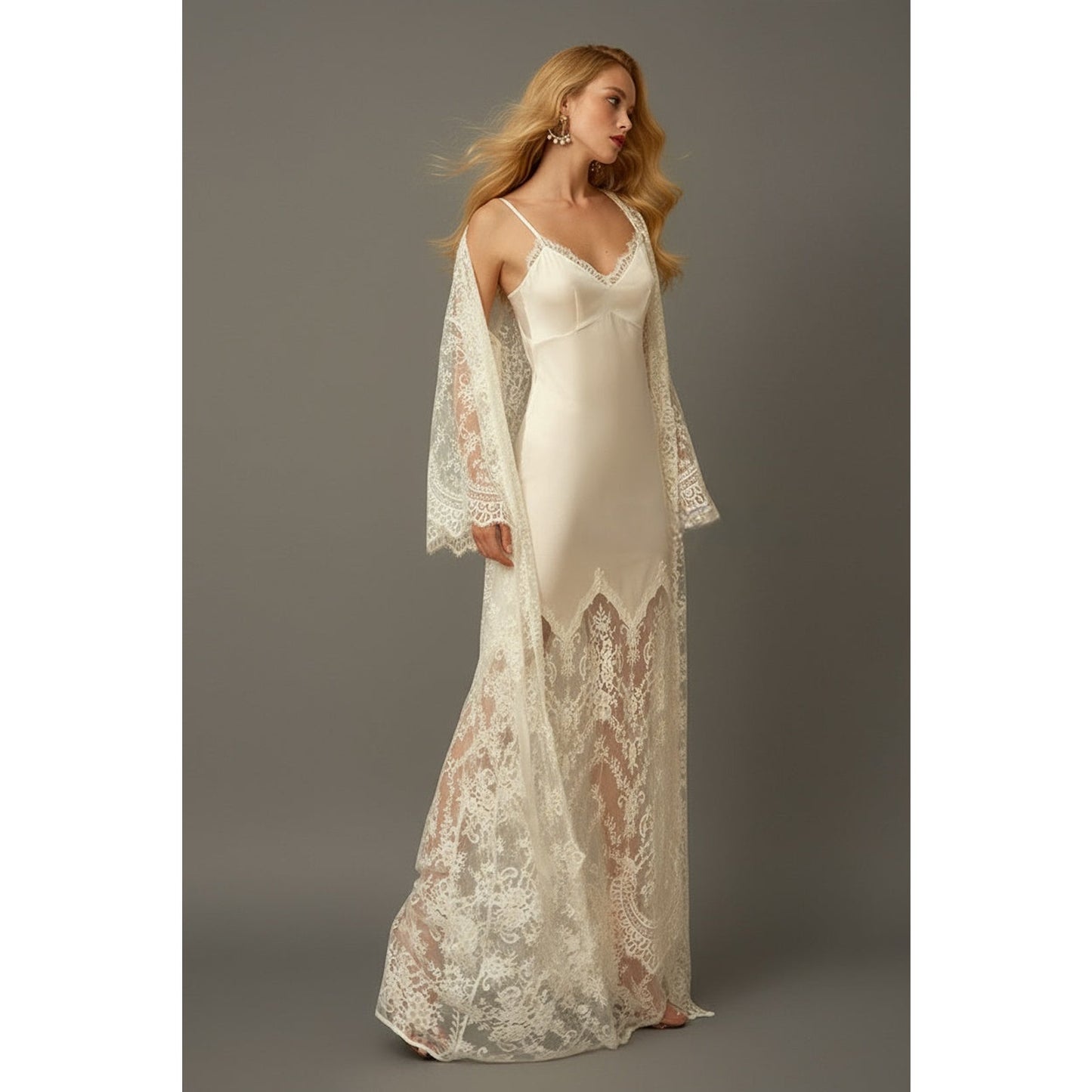 Chantilly Lace Long Robe with Silky Satin Lace Nightgown