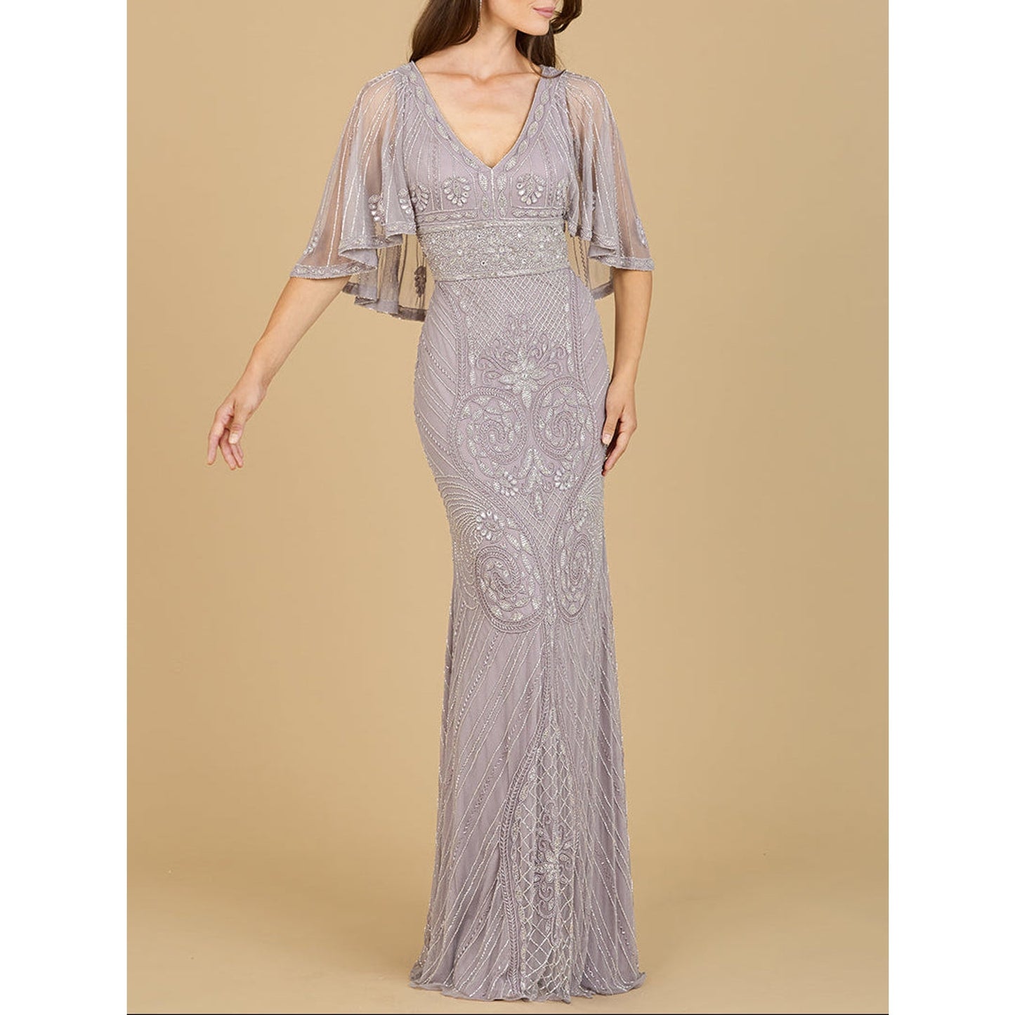 Cape Sleeve V-Neck Beaded Gown