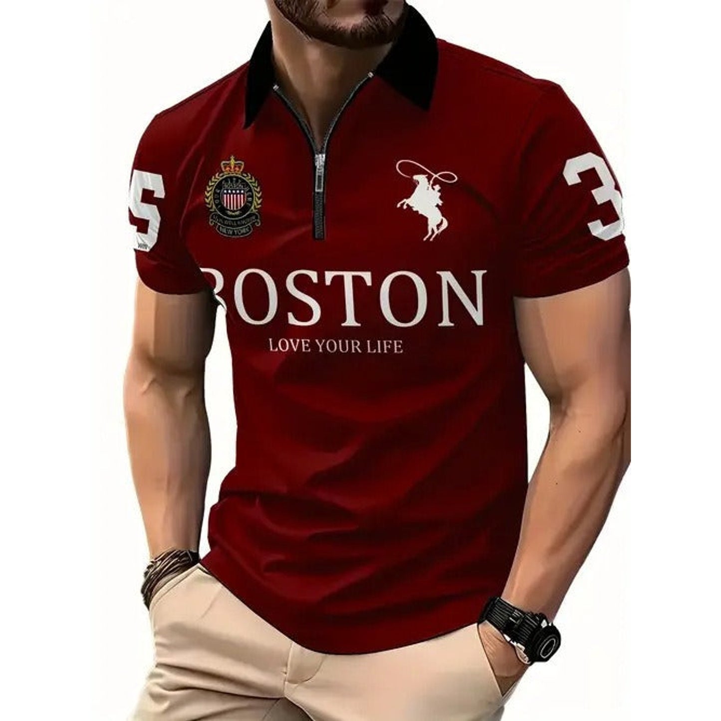 Men's 3D Digital Print Zip-Up Polo Shirt