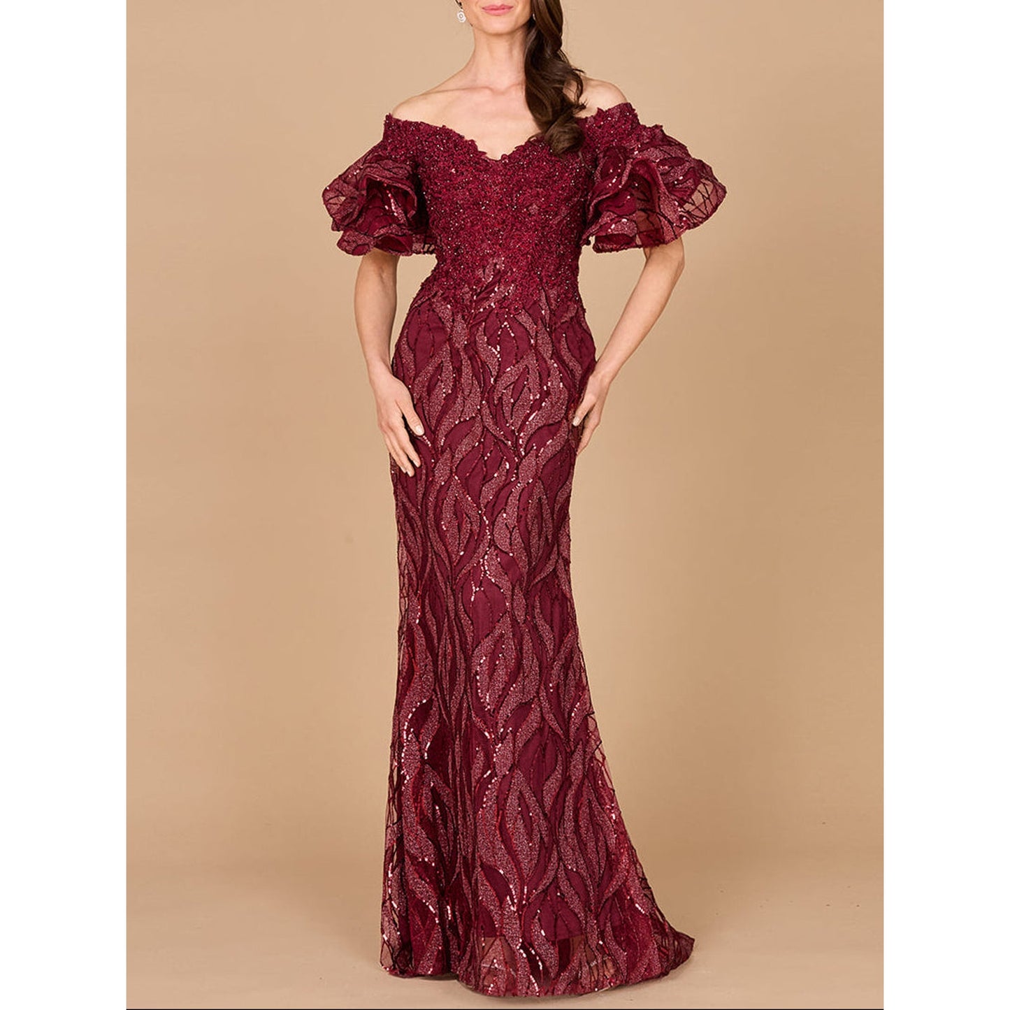 Off Shoulder Mermaid Beaded Gown with Tiered Sleeves