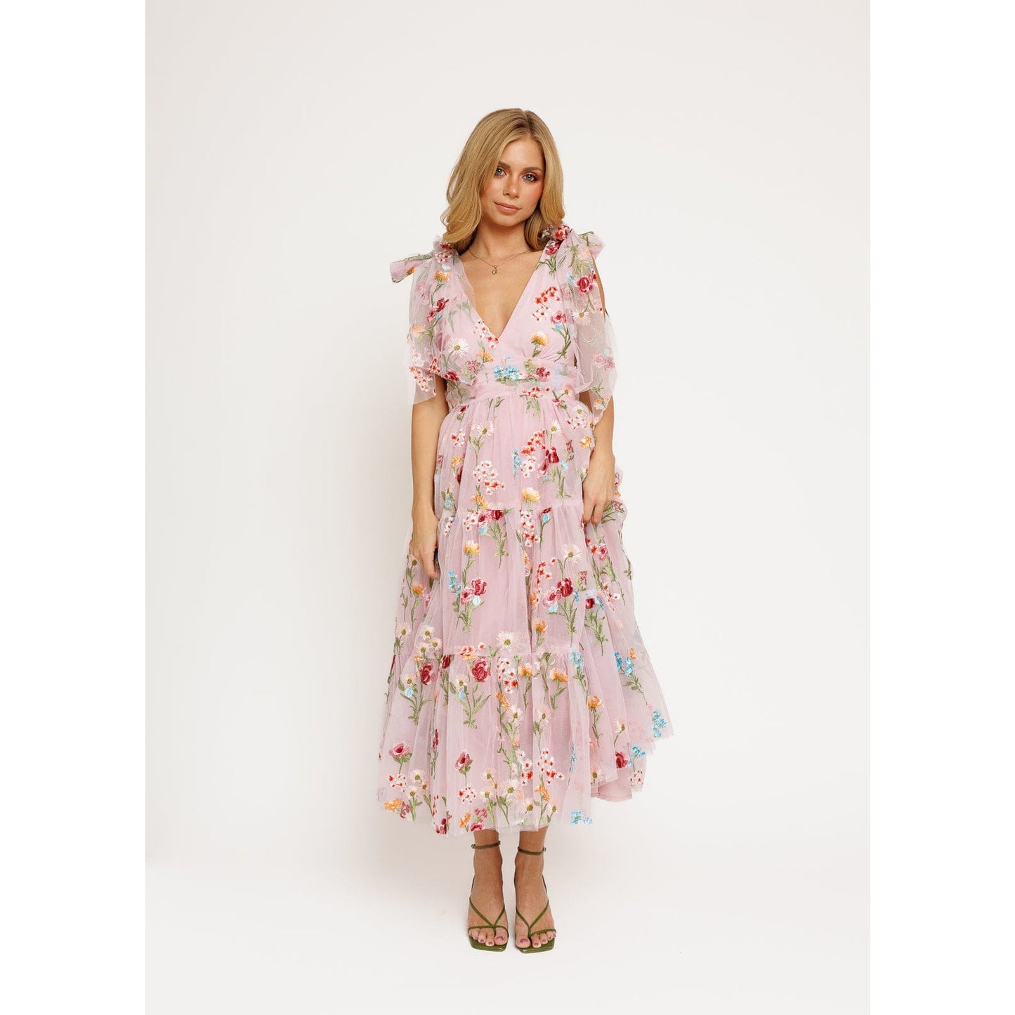 Margaret Floral Embroidered Midi Dress Pink