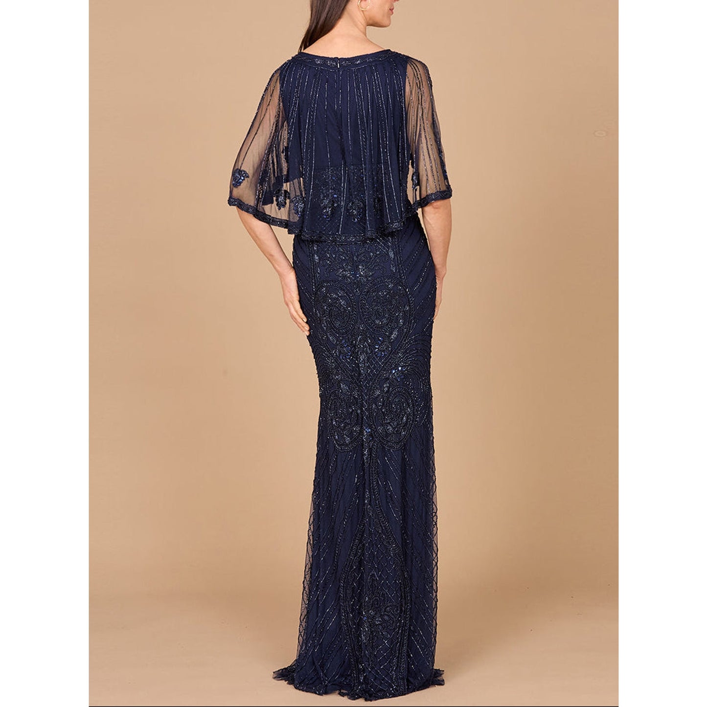 Cape Sleeve V-Neck Beaded Gown