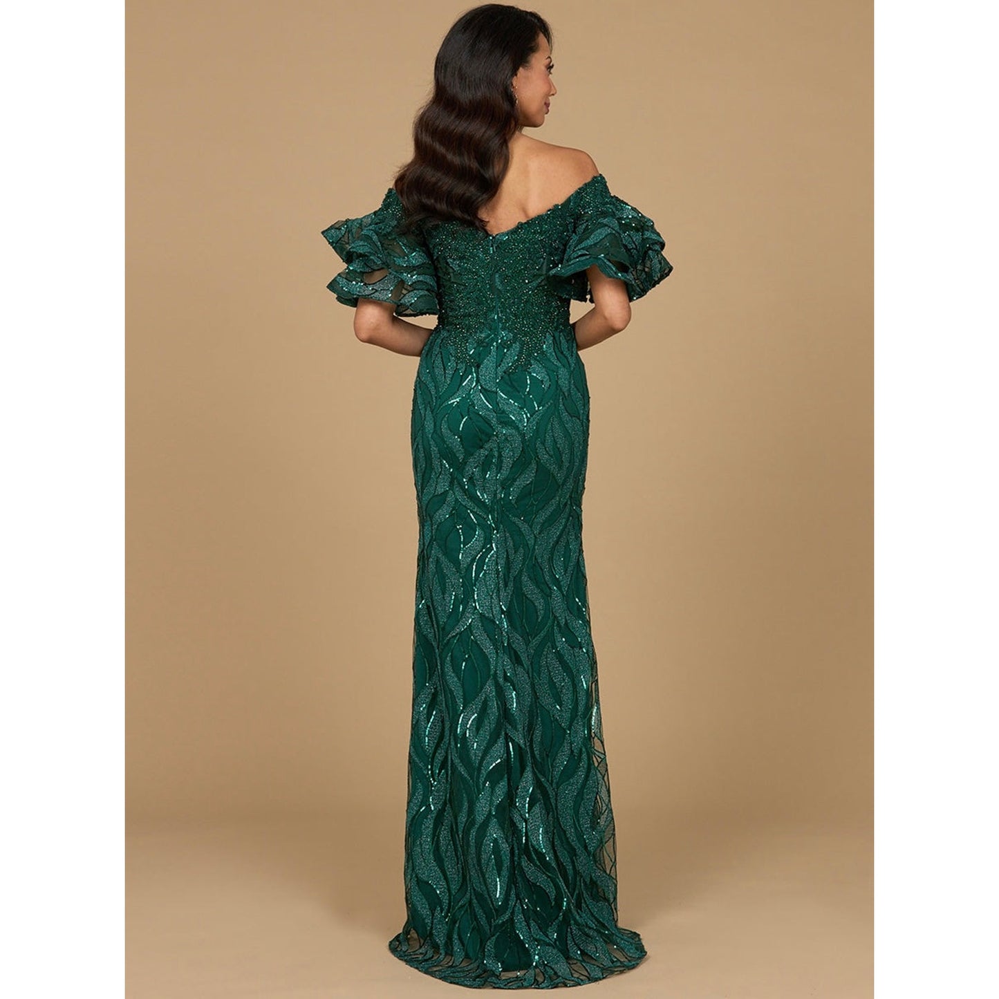 Off Shoulder Mermaid Beaded Gown with Tiered Sleeves