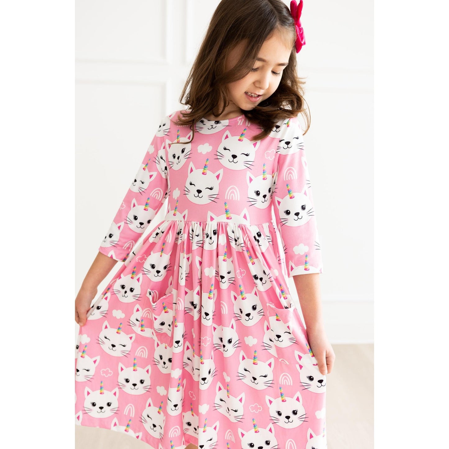 Unicorn Kitties 3/4 Sleeve Pocket Twirl Dress