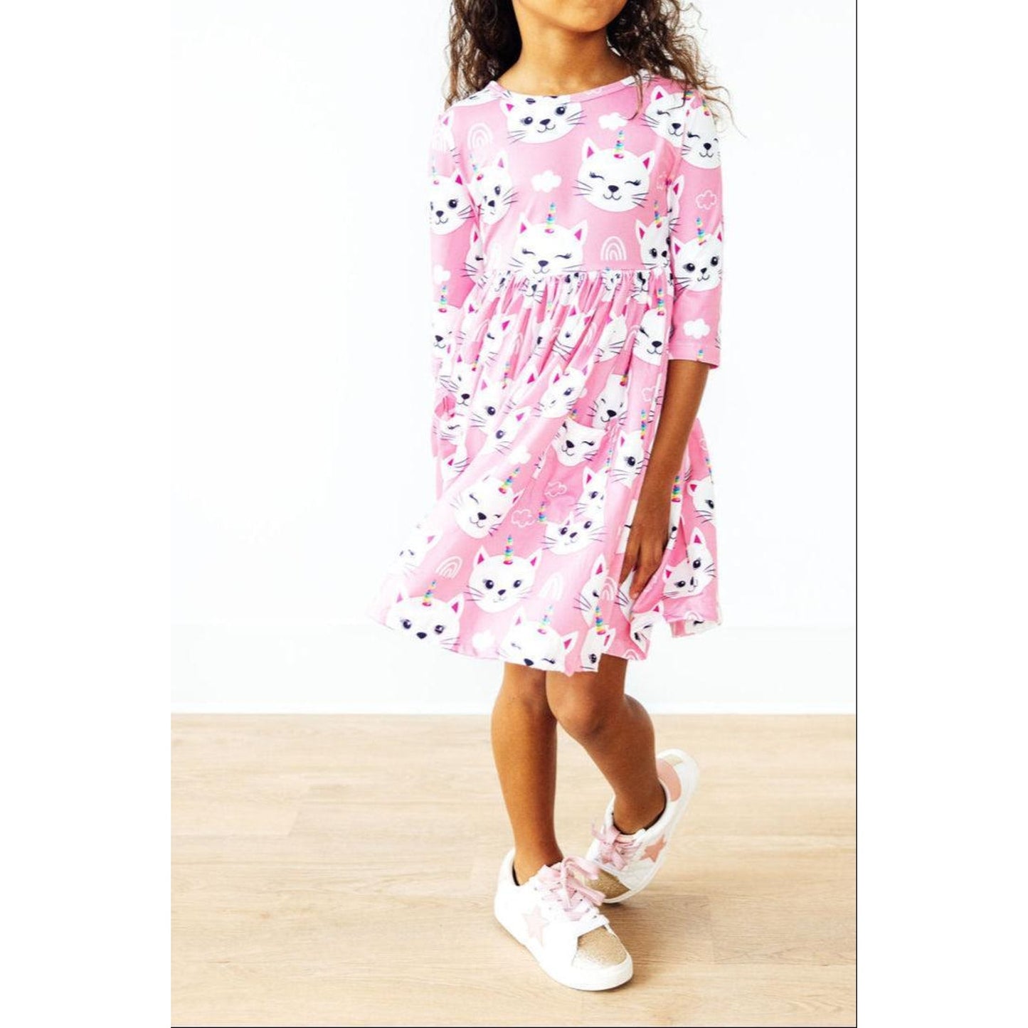 Unicorn Kitties 3/4 Sleeve Pocket Twirl Dress