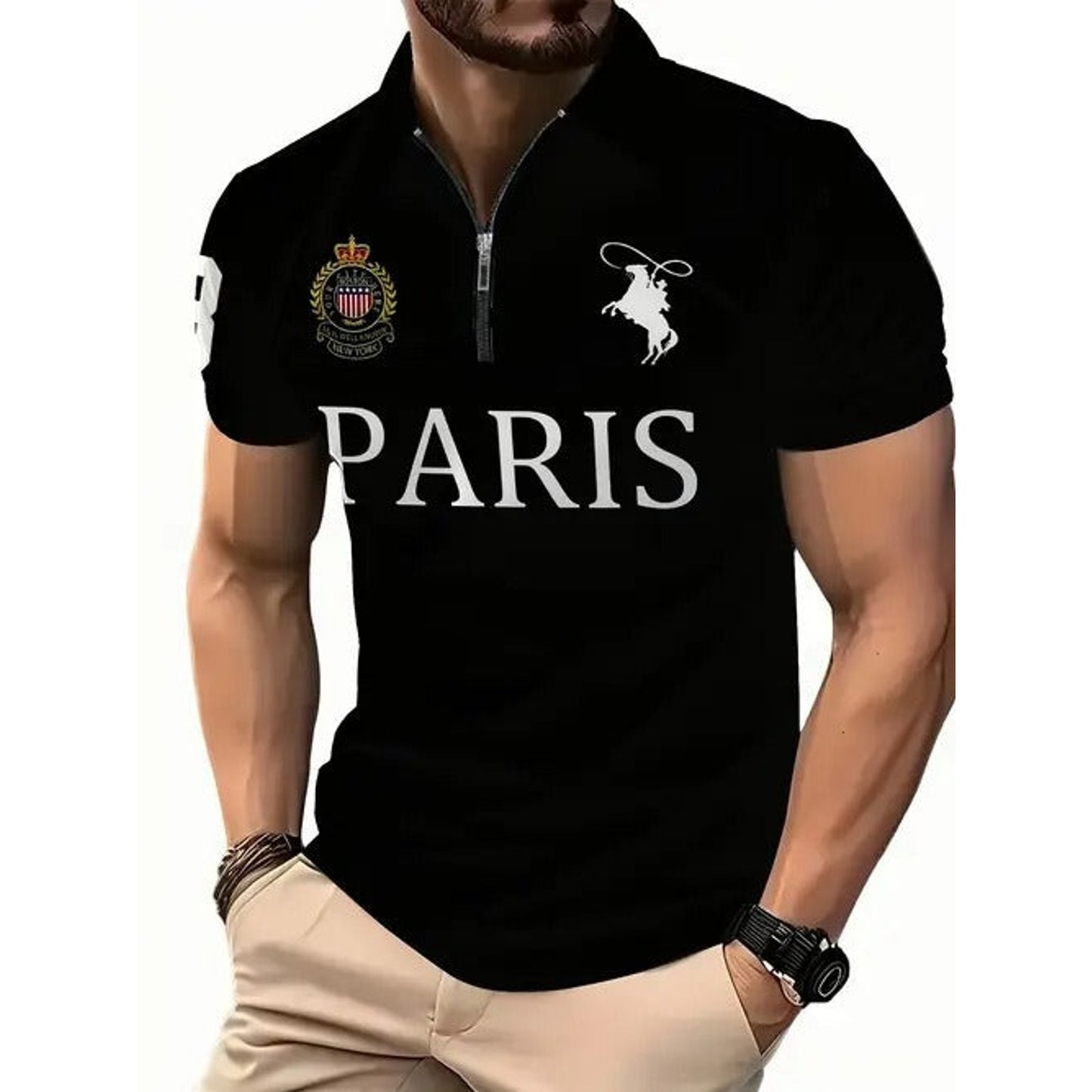 Men's 3D Digital Print Zip-Up Polo Shirt