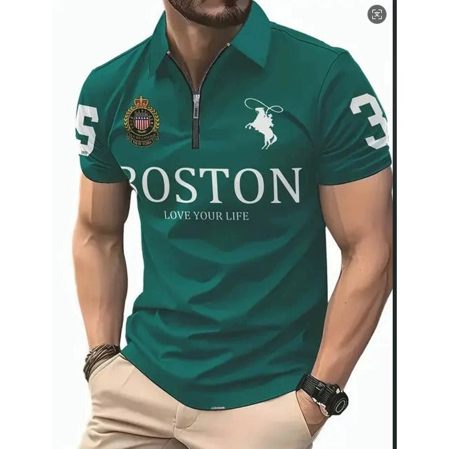 Men's 3D Digital Print Zip-Up Polo Shirt