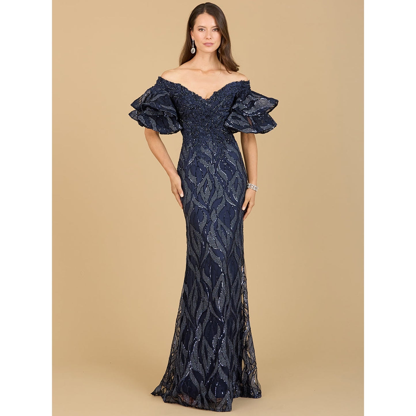 Off Shoulder Mermaid Beaded Gown with Tiered Sleeves