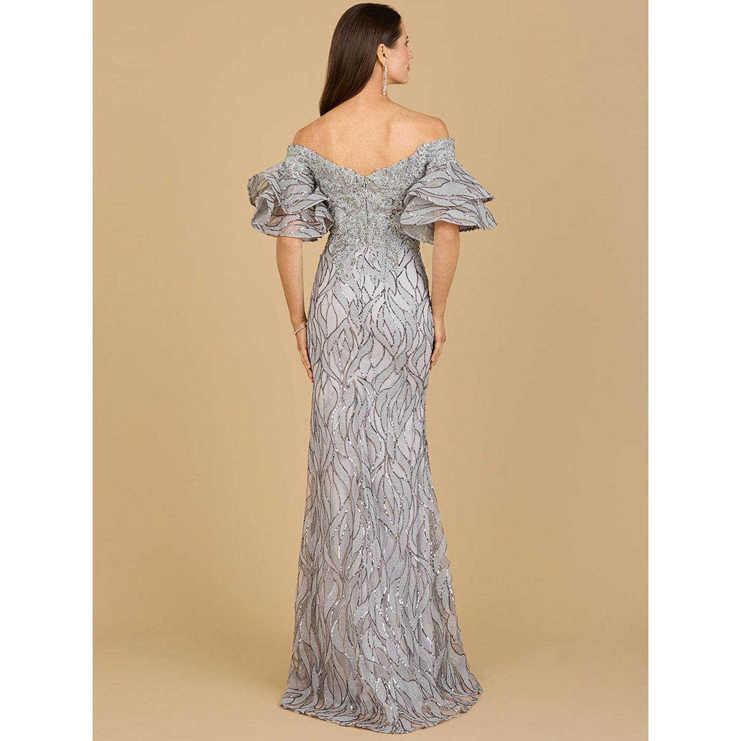 Off Shoulder Mermaid Beaded Gown with Tiered Sleeves