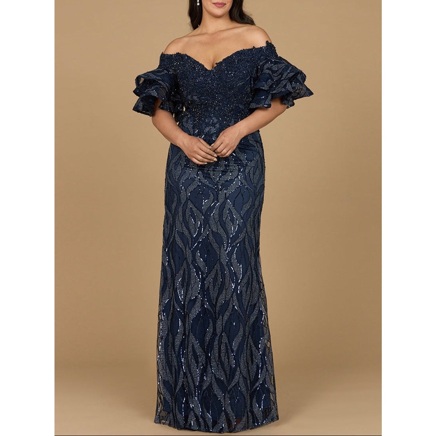 Off Shoulder Mermaid Beaded Gown with Tiered Sleeves