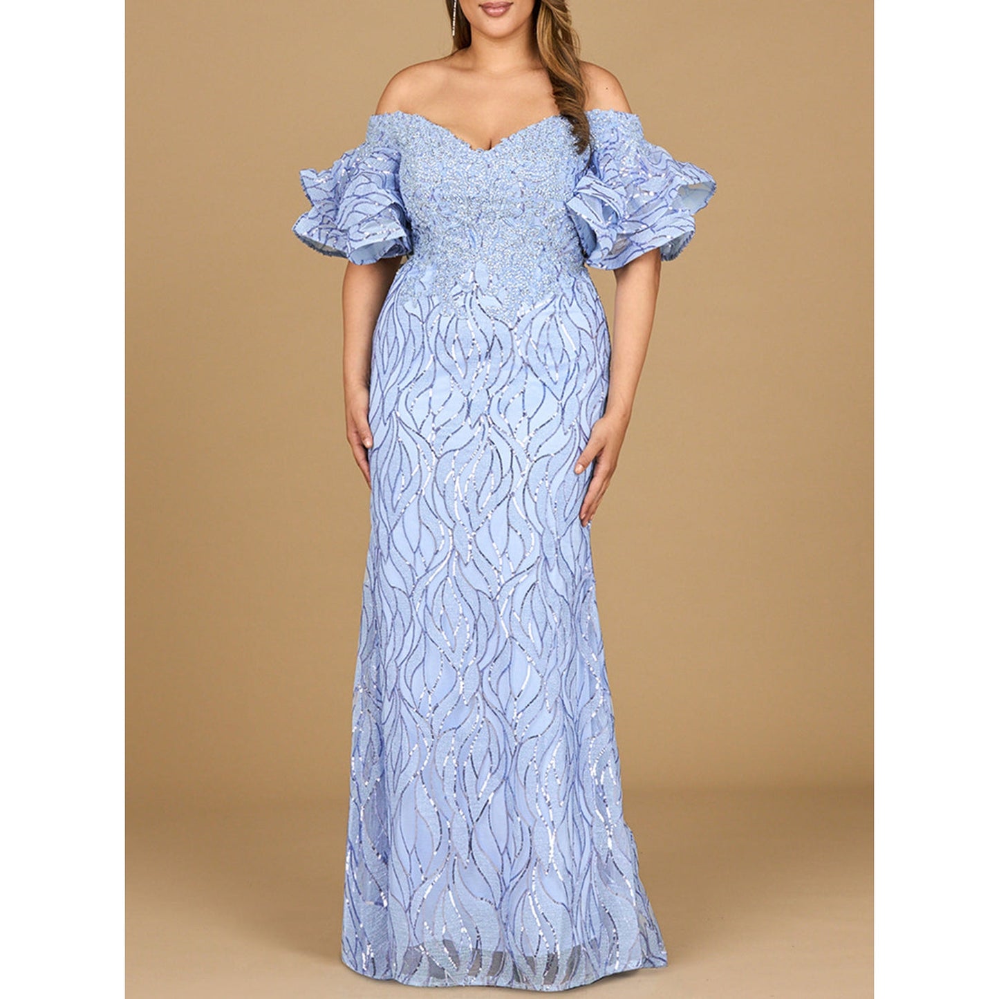 Off Shoulder Mermaid Beaded Gown with Tiered Sleeves