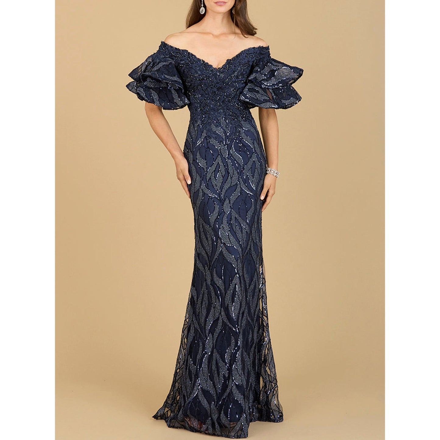 Off Shoulder Mermaid Beaded Gown with Tiered Sleeves