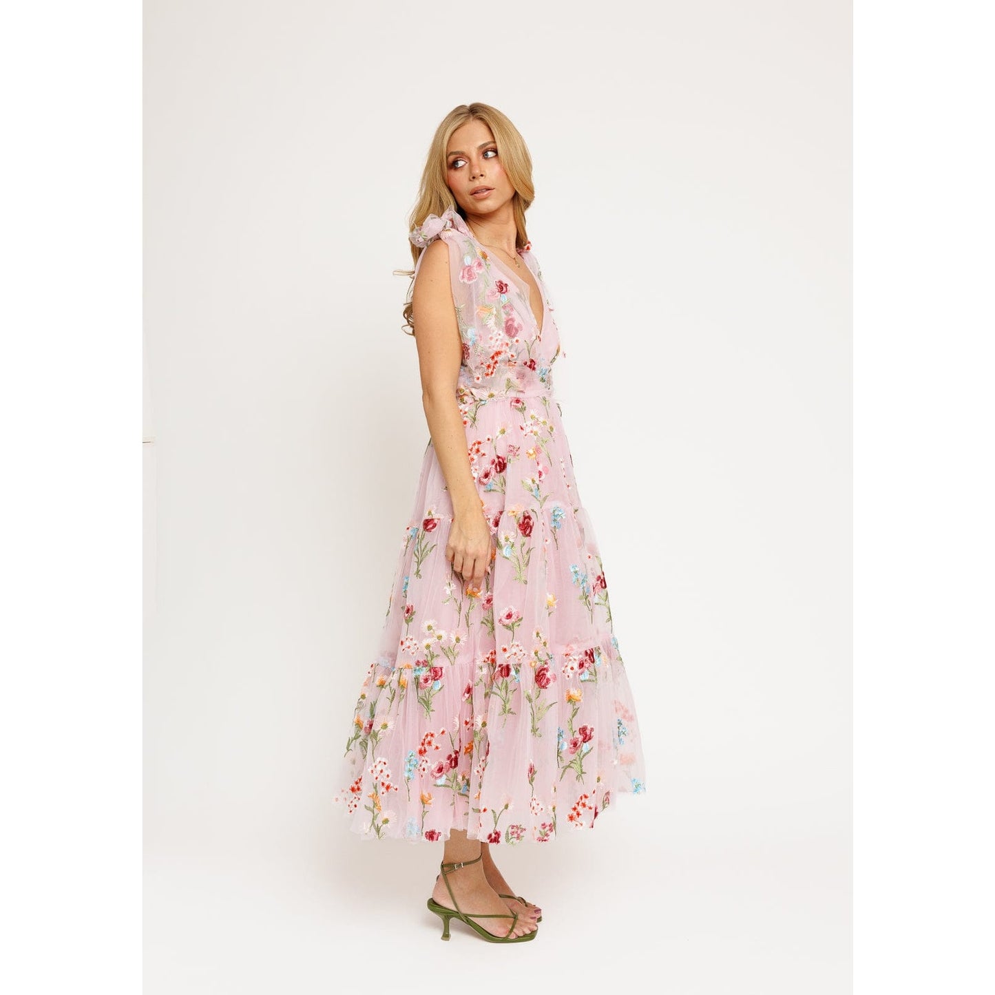Margaret Floral Embroidered Midi Dress Pink