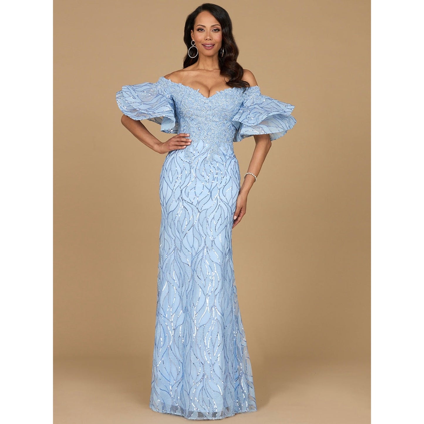 Off Shoulder Mermaid Beaded Gown with Tiered Sleeves