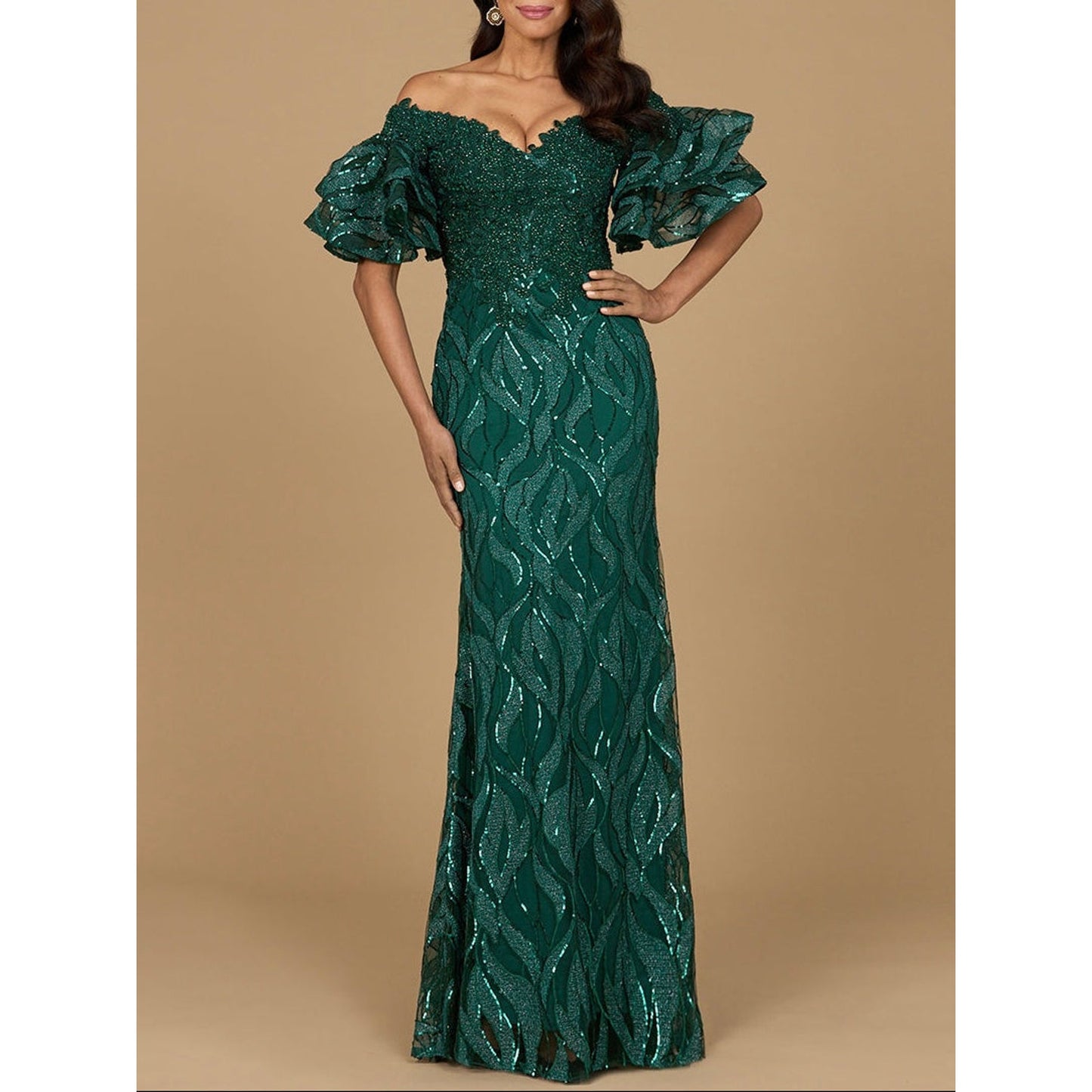 Off Shoulder Mermaid Beaded Gown with Tiered Sleeves