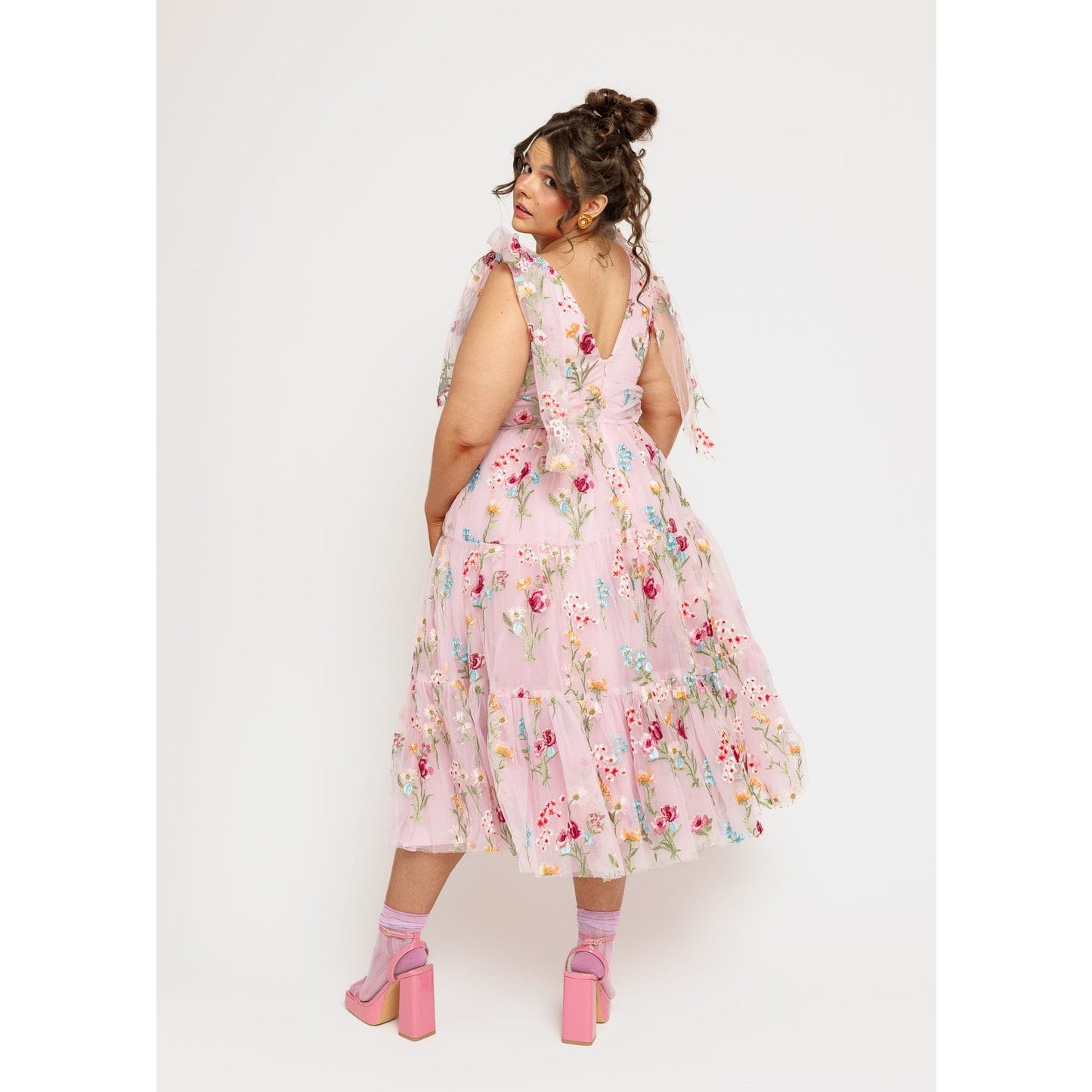 Margaret Floral Embroidered Midi Dress Pink