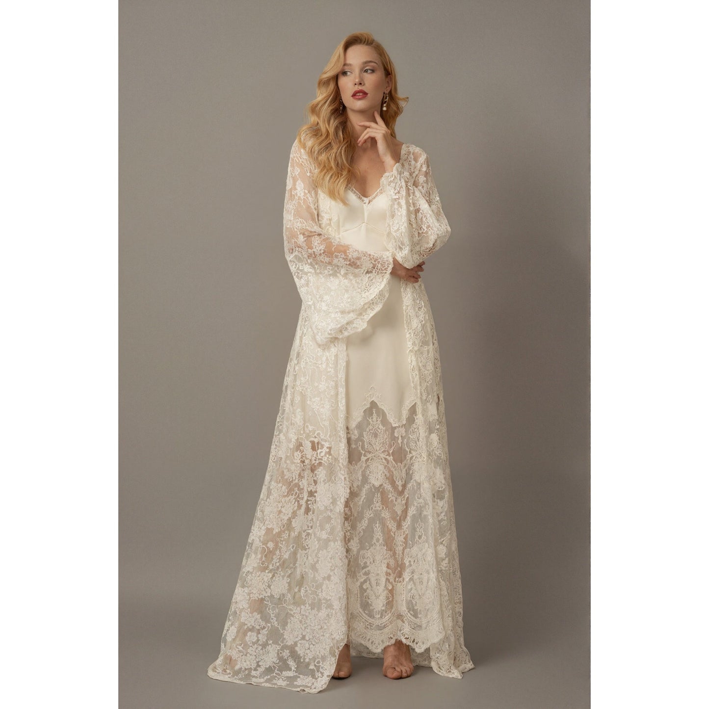 Chantilly Lace Long Robe with Silky Satin Lace Nightgown