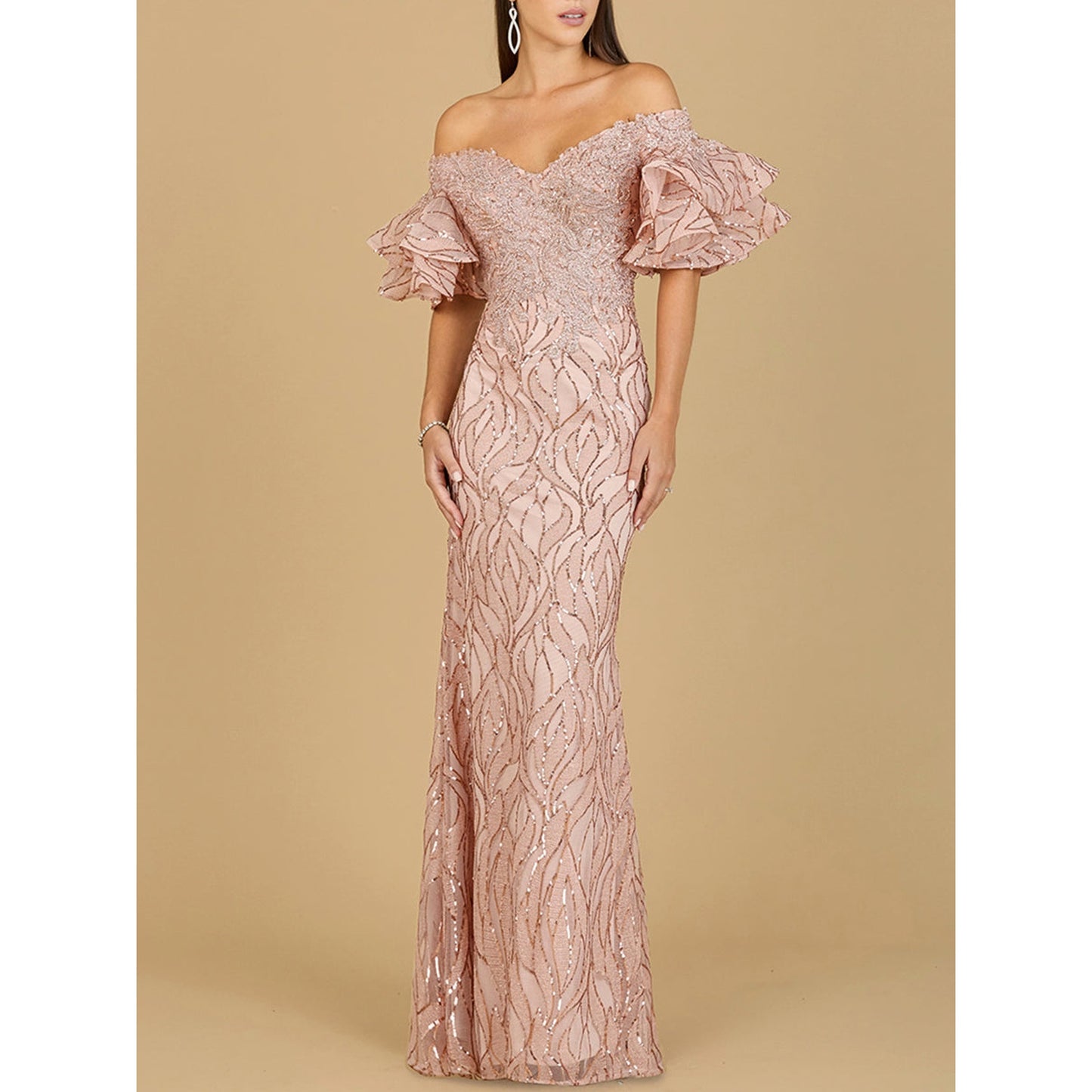 Off Shoulder Mermaid Beaded Gown with Tiered Sleeves