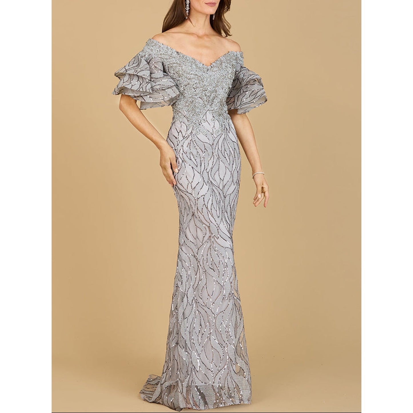 Off Shoulder Mermaid Beaded Gown with Tiered Sleeves