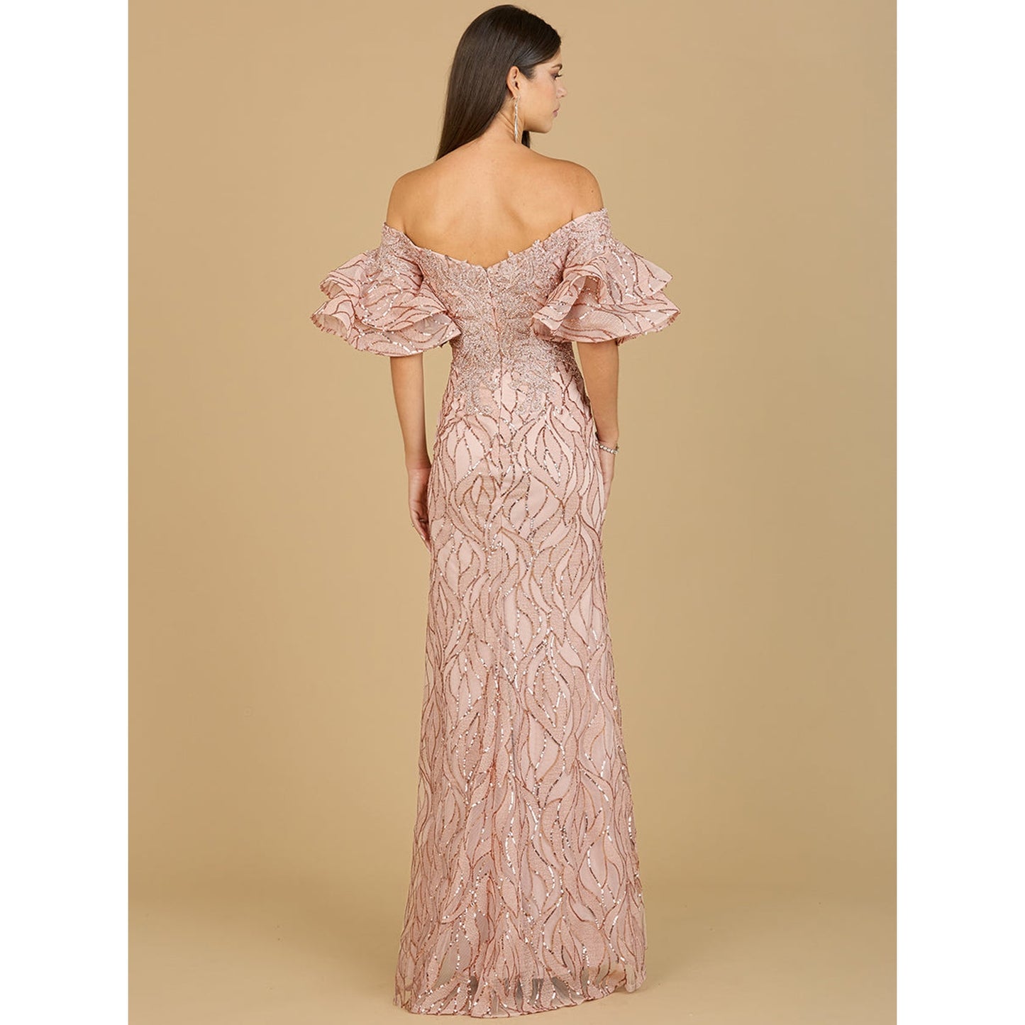 Off Shoulder Mermaid Beaded Gown with Tiered Sleeves