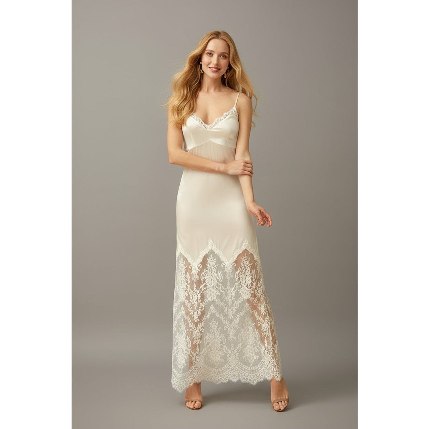 Chantilly Lace Long Robe with Silky Satin Lace Nightgown