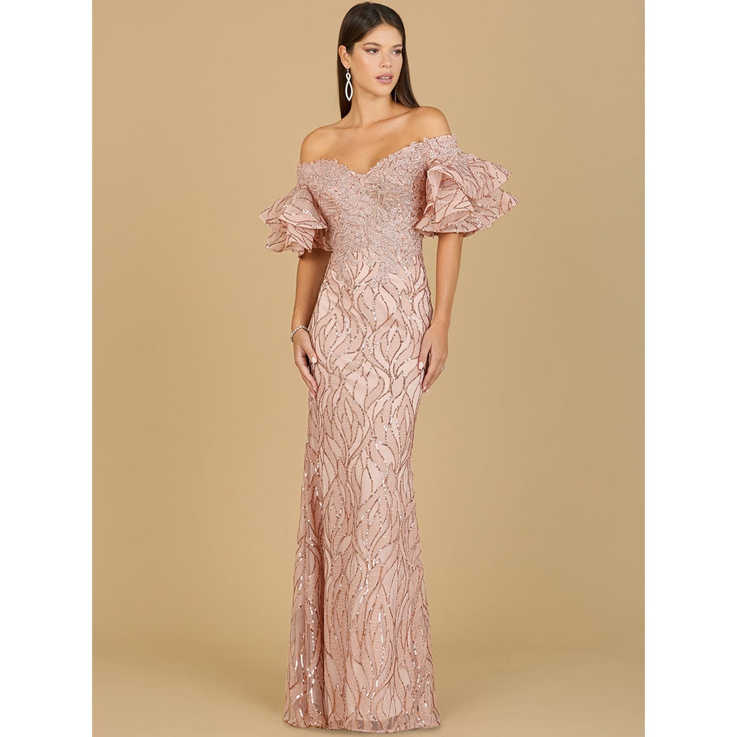 Off Shoulder Mermaid Beaded Gown with Tiered Sleeves
