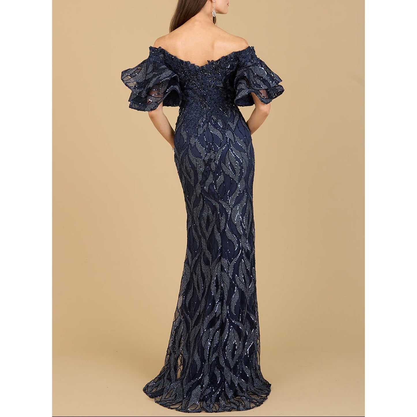 Off Shoulder Mermaid Beaded Gown with Tiered Sleeves