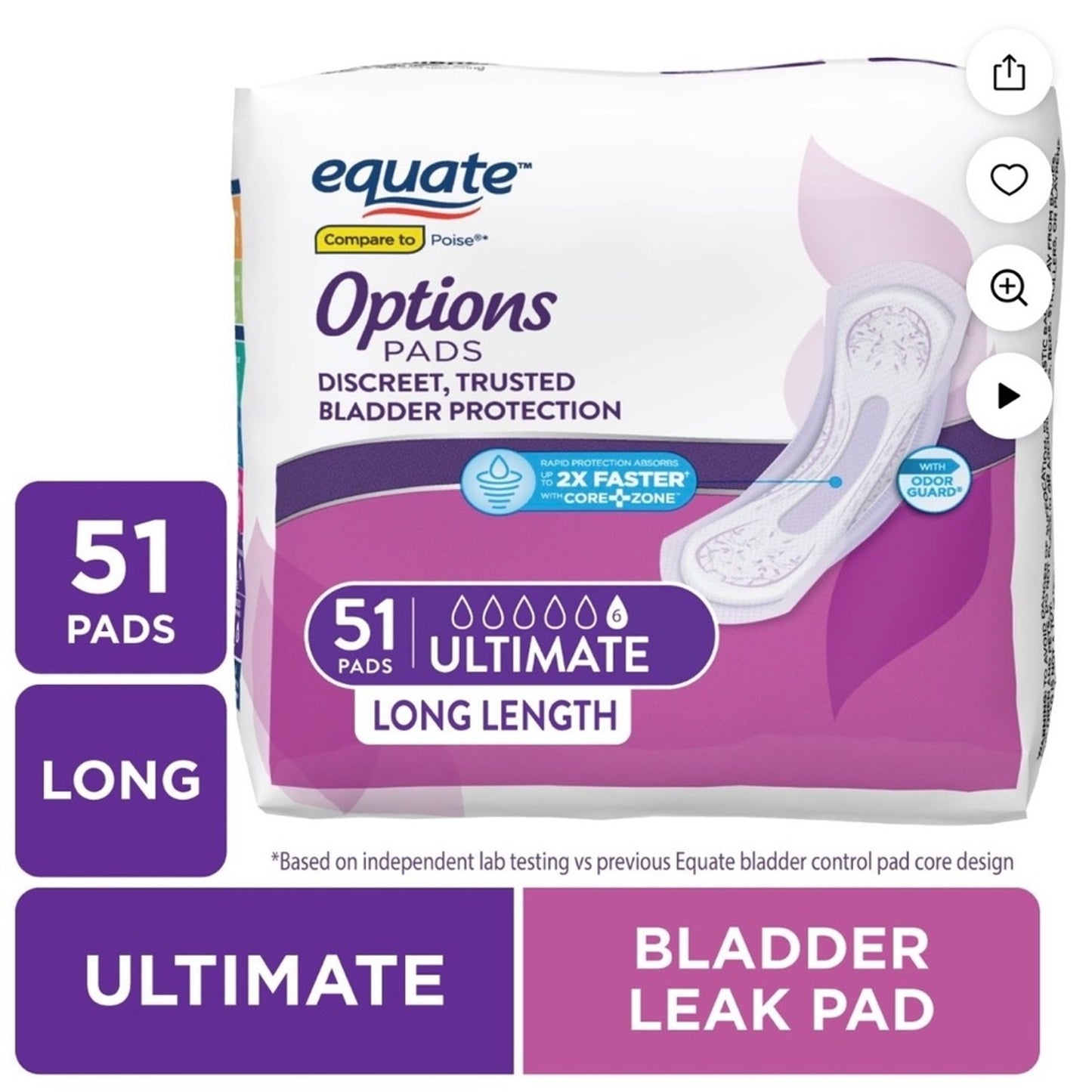 Equate Options Ultimate Long Length Bladder Leak Pads - Pink (51 Count)