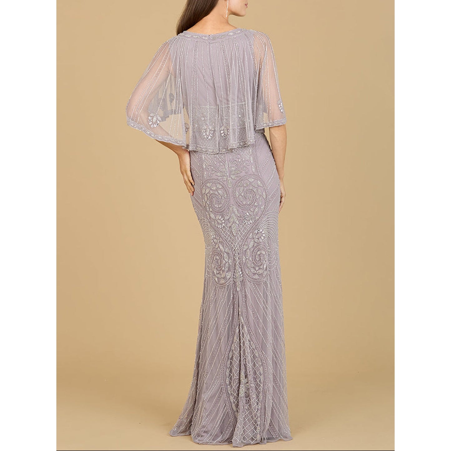 Cape Sleeve V-Neck Beaded Gown