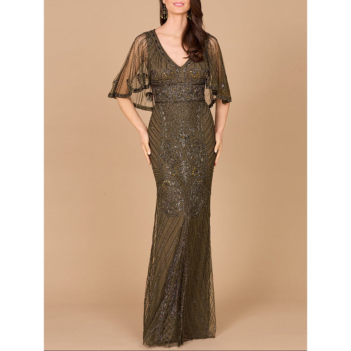 Cape Sleeve V-Neck Beaded Gown