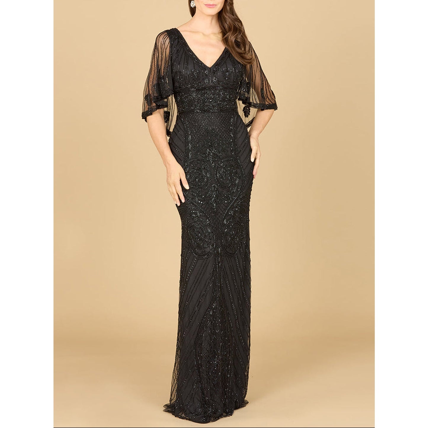 Cape Sleeve V-Neck Beaded Gown